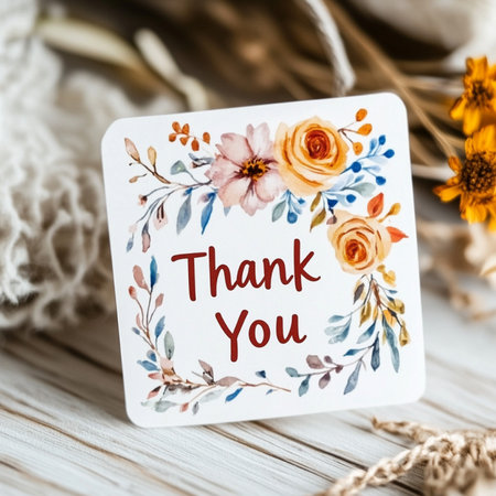 Thank you card with flowers and embroidery on white wooden backgroundの素材