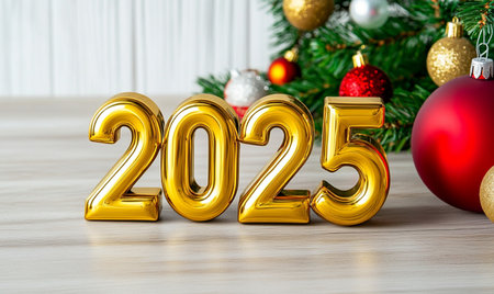 Happy New Year and Merry Christmas concept. Golden numbers 2022 on the background of Christmas tree.の素材