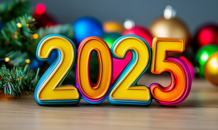 Happy New Year 2015 with colorful wooden numbers and christmas tree.の素材