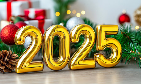 Happy New Year 2015. Golden numbers on a wooden background with christmas decoration.の素材