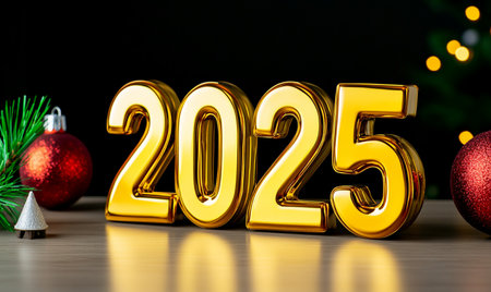 2025 golden number with christmas tree and decoration on wooden table.の素材