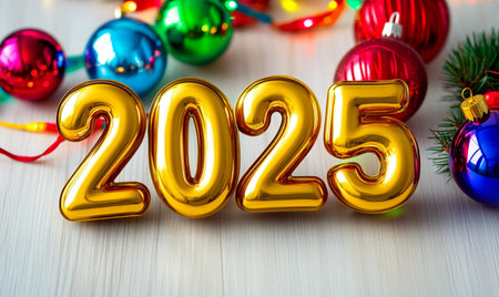 New Year background with golden numbers 2015 and christmas decoration on wooden tableの素材