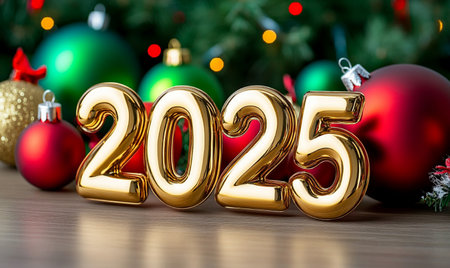 New Year's Eve celebration concept. Golden number 2015 and christmas decoration on wooden backgroundの素材