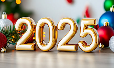 Happy New Year 2015. Golden numbers on the background of Christmas tree with decorations.の素材