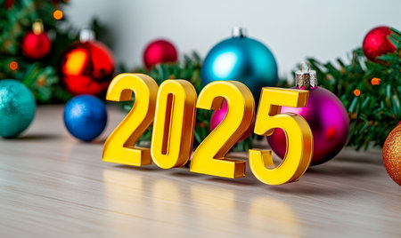 Happy New Year and Merry Christmas concept. Close up of christmas tree and decoration on wooden table.の素材