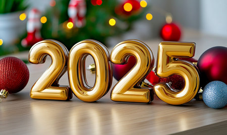 New Year 2015 golden numbers on a wooden table with christmas tree background.の素材