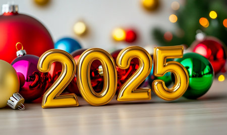 Happy New Year 2015. 3D illustration. Gold numbers on wooden table with Christmas tree in background.の素材