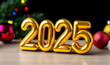 Happy New Year 2015 celebration concept. Golden numbers on wooden table with Christmas tree and colorful bokeh background.の素材