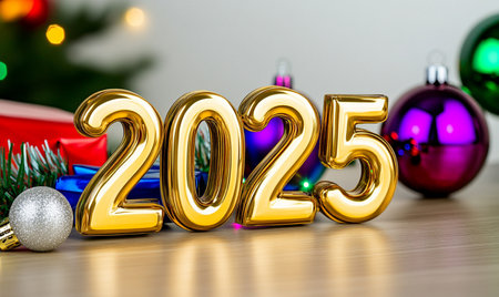 Happy New Year 2015. Golden numbers on the background of Christmas decorations.の素材