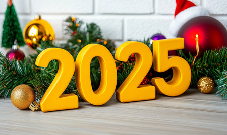 New year background with numbers 2015 and christmas decoration on wooden tableの素材