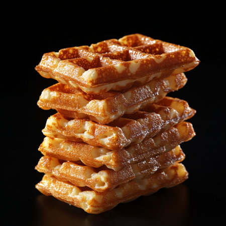 Stack of sweet belgian waffles on black background, closeupの素材