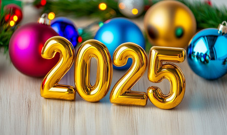 Happy New Year 2015. Golden numbers on the background of Christmas decorations.の素材