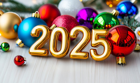 New Year's greeting card with golden numbers 2022 and Christmas tree decorationsの素材