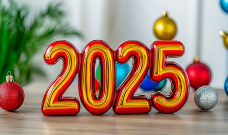 Happy new year 2015 - 3d render of colorful numbers on wooden tableの素材