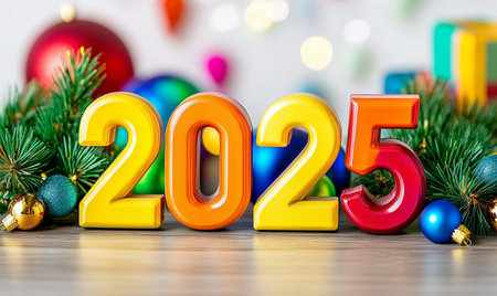 Happy New Year 2015 with colorful numbers and Christmas ornaments.の素材