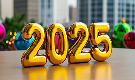 Happy New Year 2015 gold foil balloon on the table with bokeh backgroundの素材
