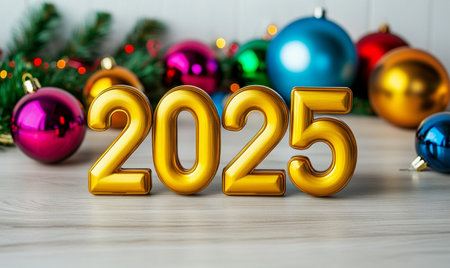 Happy New Year 2015. Golden number on wooden background with christmas decorationの素材