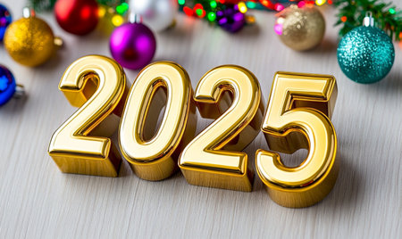 Happy New Year 2015 gold text on a wooden background with Christmas decorations.の素材