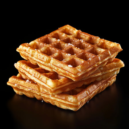 Stack of belgian waffles with sugar on a black background.の素材