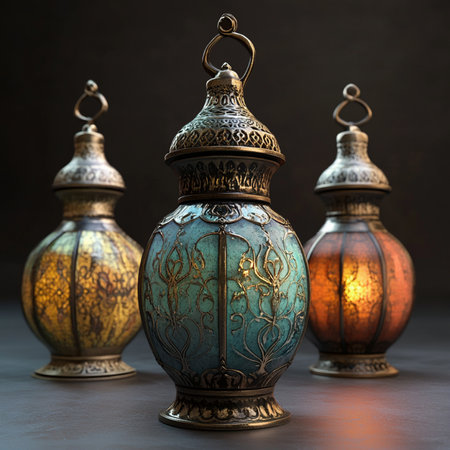Arabic lanterns in oriental style on a dark background.の素材