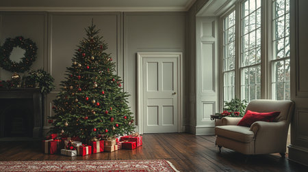 Luxury classic interior of living room with Christmas tree. 3d renderの素材