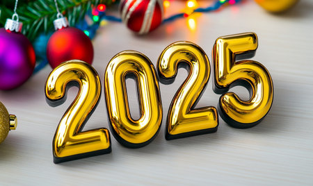 Happy New Year 2015. Gold numbers on the background of Christmas decorationsの素材