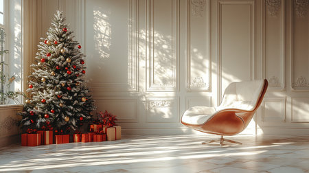 Christmas tree in classic interior with armchair. 3d render illustrationの素材