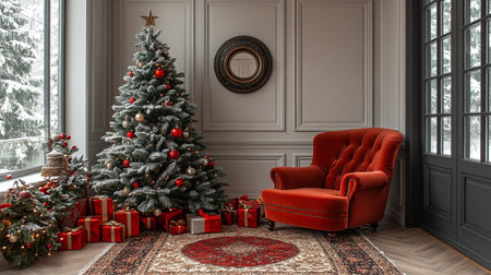 Classic living room with Christmas tree and red armchair. 3d renderの素材