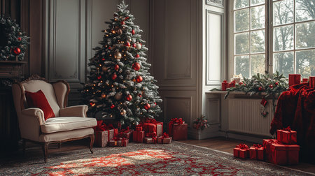 Christmas tree with presents in the living room. Christmas interior. 3d renderの素材