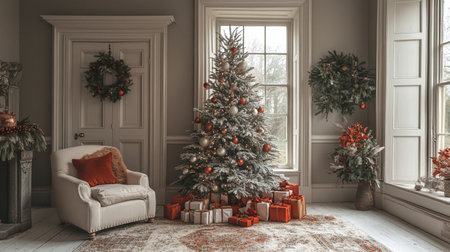 Christmas tree with gifts in classic interior. 3d render illustration.の素材