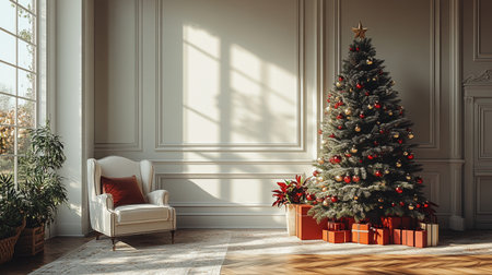 Christmas tree in classic interior with armchair. 3d render illustrationの素材
