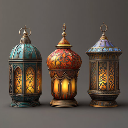 3d rendering of arabic lanterns on a dark backgroundの素材