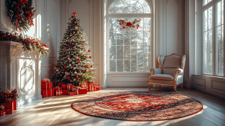 Christmas interior with Christmas tree, fireplace, armchair and presents. 3d renderの素材