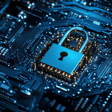 Cyber security concept: Close up of circuit board with closed padlockの素材