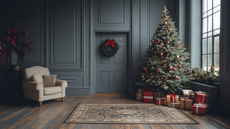 Christmas living room interior with Christmas tree and presents. 3D Renderingの素材