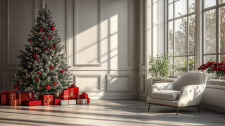 Christmas living room interior with christmas tree and presents 3D renderingの素材