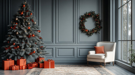 Classic living room interior with Christmas tree, armchair and presents. 3d renderの素材