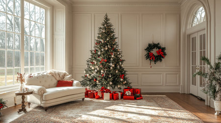 Christmas tree with presents in classic interior. 3d render illustration.の素材