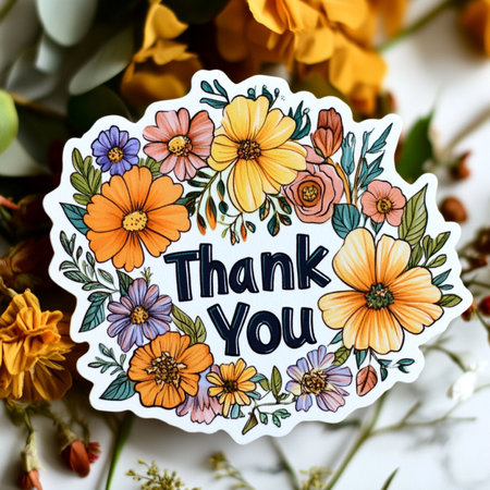Thank you card with colorful flowers and hand lettering on white backgroundの素材