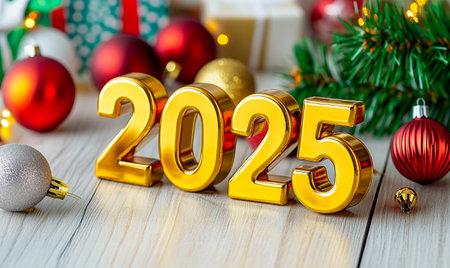 Happy New Year 2015. Golden numbers on the background of Christmas decorations.の素材