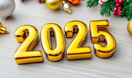 New Year concept. Golden numbers on a wooden background with Christmas decorations.の素材