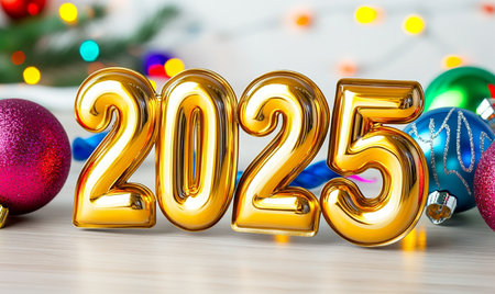 New Year 2015 gold number on the background of Christmas tree and lightsの素材