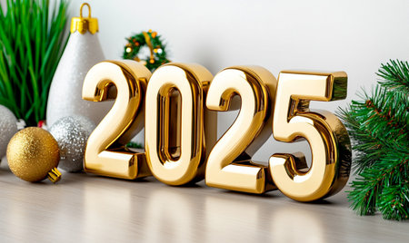 Happy New Year 2055 gold text with christmas decoration. 3d illustration.の素材