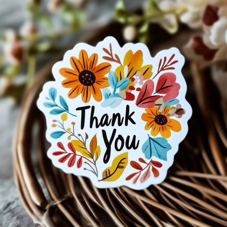 Thank You Card. Handmade Floral Decoration on Rustic Backgroundの素材