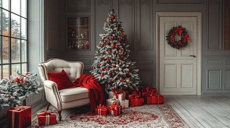 Christmas living room with a Christmas tree and presents. 3d renderingの素材