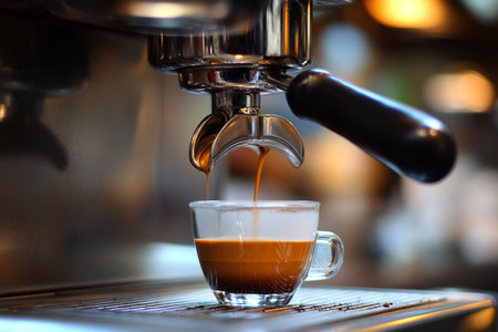 Coffee machine making espresso in coffee shop, shallow depth of fieldの素材