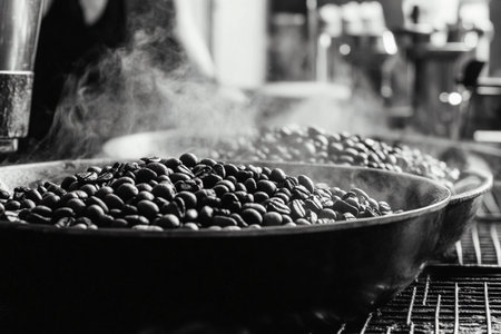 Roasted coffee beans in a pan. Black and white photo.の素材