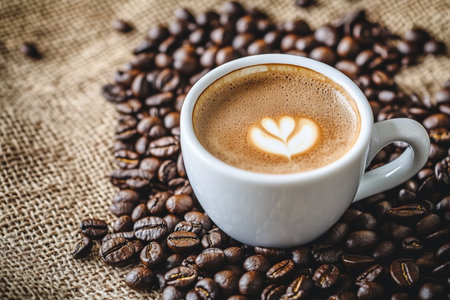 Coffee cup and coffee beans on sackcloth background, stock photoの素材