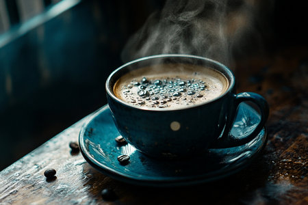 Coffee cup with smoke and coffee beans on wooden table.の素材