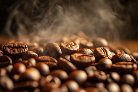 roasted coffee beans with smoke, close-up, dark backgroundの素材